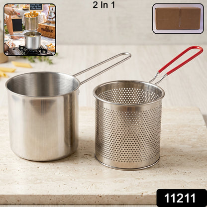 Stainless steel deep frying pot with strainer basket, ideal for kitchen cooking, featuring a sturdy handle and durable construction.