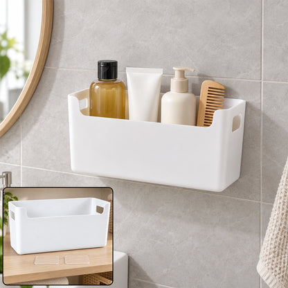 Wukusy adhesive wall mount storage box for kitchen and bathroom, 25x12 cm, mounted on wall with stored items inside