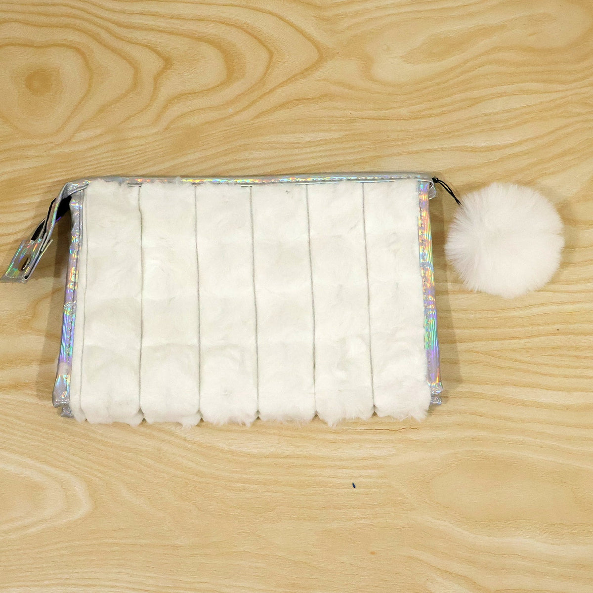 Wukusy plush makeup zipper pouch with pom pom charm, soft pink fabric, perfect for travel and storage, 24x16 cm size.
