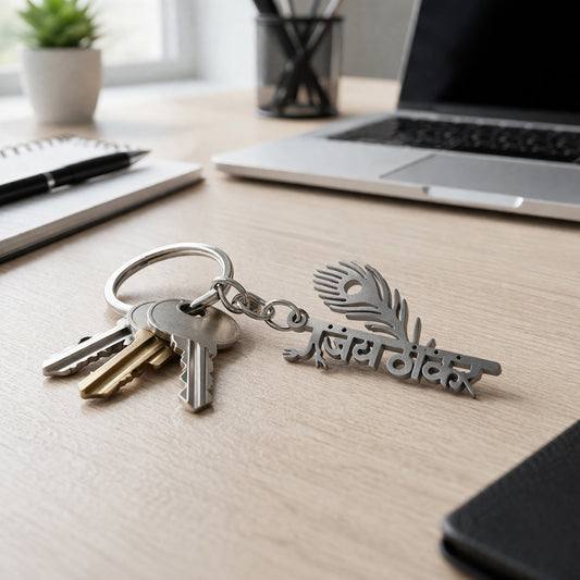 Wukusy metal keychain featuring a Jay Thakar Peepal leaf design, with intricate leaf details and a keyring attachment.