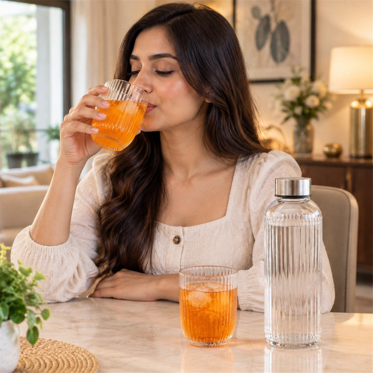 Wukusy ribbed water bottle with matching glass in a 3-piece gift set, featuring a sleek design and textured surface.