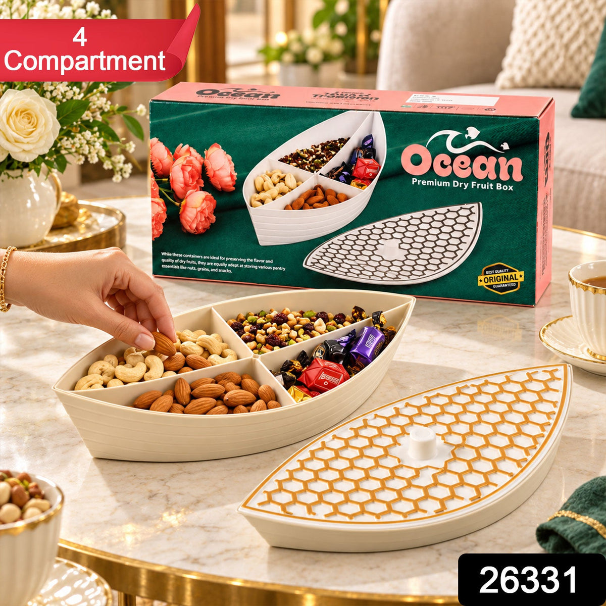 Boat-shaped dry fruit serving box by Wukusy with honeycomb lid, featuring four compartments for snacks or dry fruits.