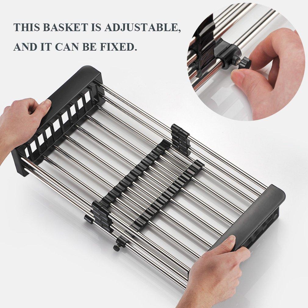 Wukusy stainless steel expandable kitchen sink dish drainer with multiple slots for drying dishes and utensils