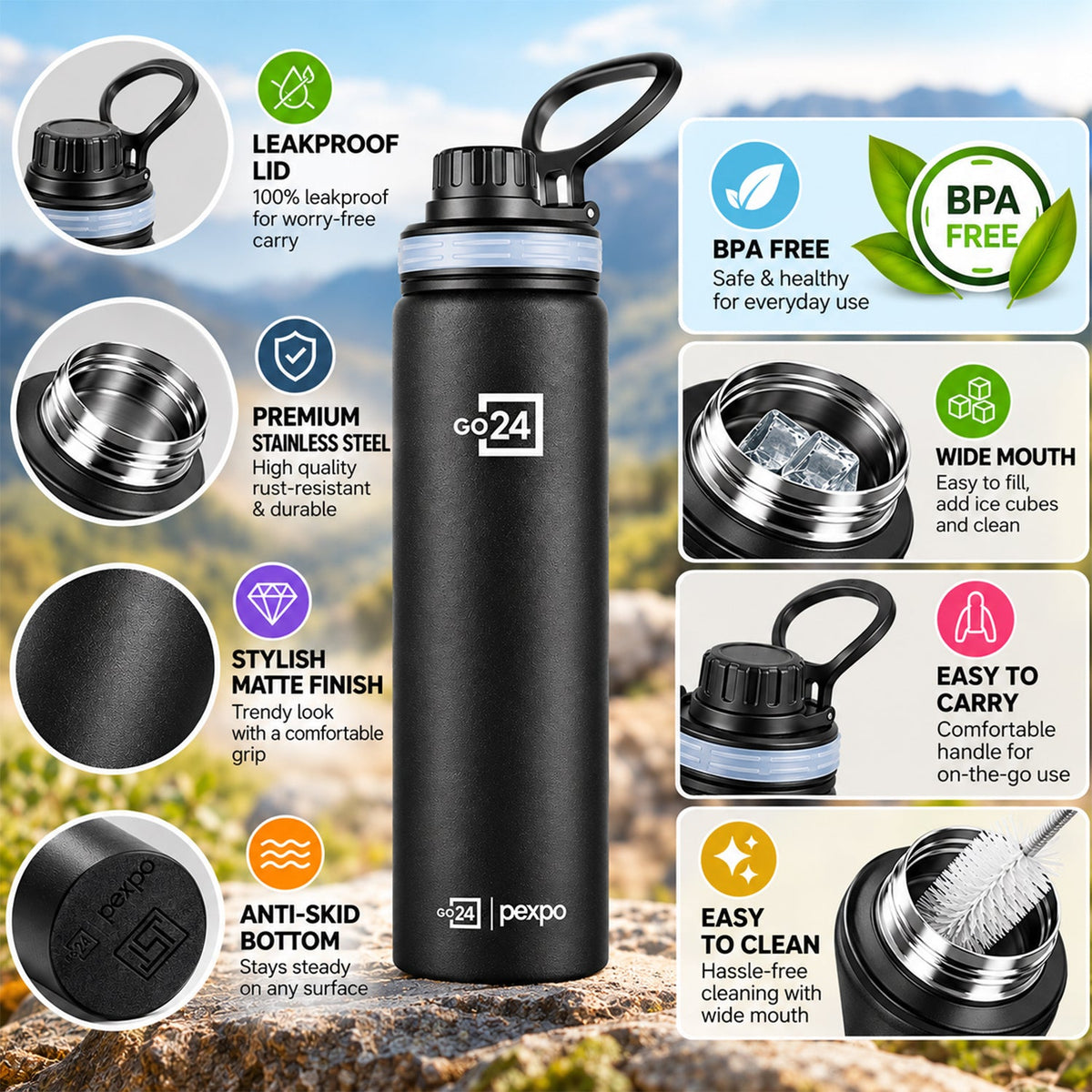 Wukusy stainless steel water bottle with carry handle, 900ml capacity, suitable for gym and travel, with sleek silver finish.