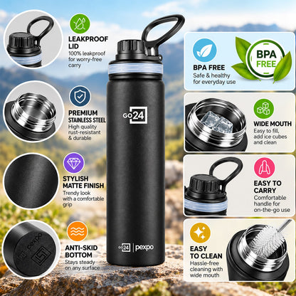Wukusy stainless steel water bottle with carry handle, 900ml capacity, suitable for gym and travel, with sleek silver finish.