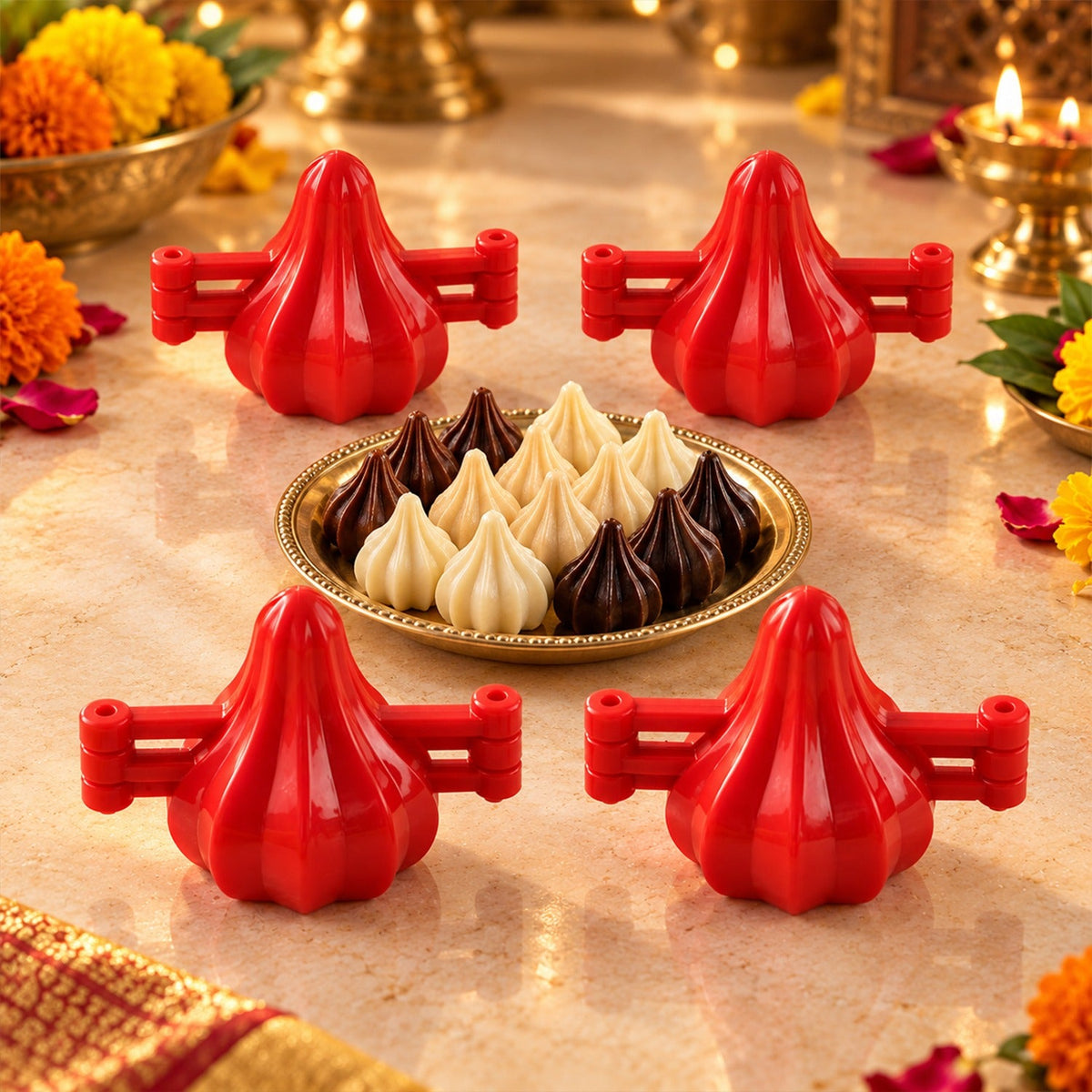 Wukusy plastic modak maker mould set with four pieces for homemade Indian sweets, ideal for Ganesh Chaturthi preparations