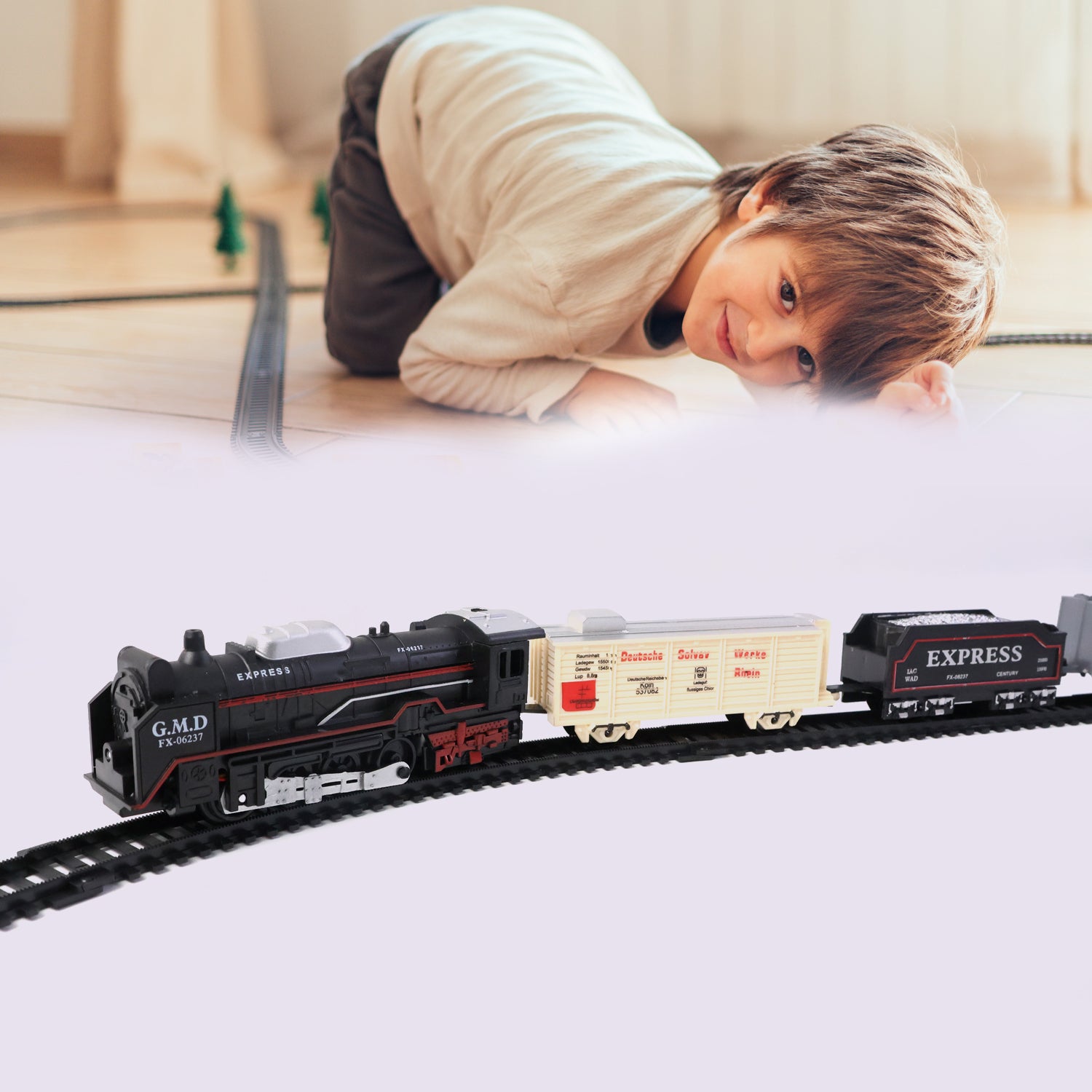 Battery-operated toy train set by Wukusy with colorful tracks and train cars for kids, perfect for imaginative play and learning.