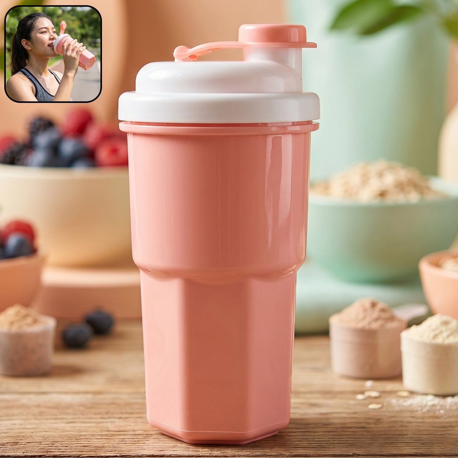 Wukusy multipurpose protein tumbler with secure flip lid, 400ml capacity, featuring stainless steel body and leak-proof design.