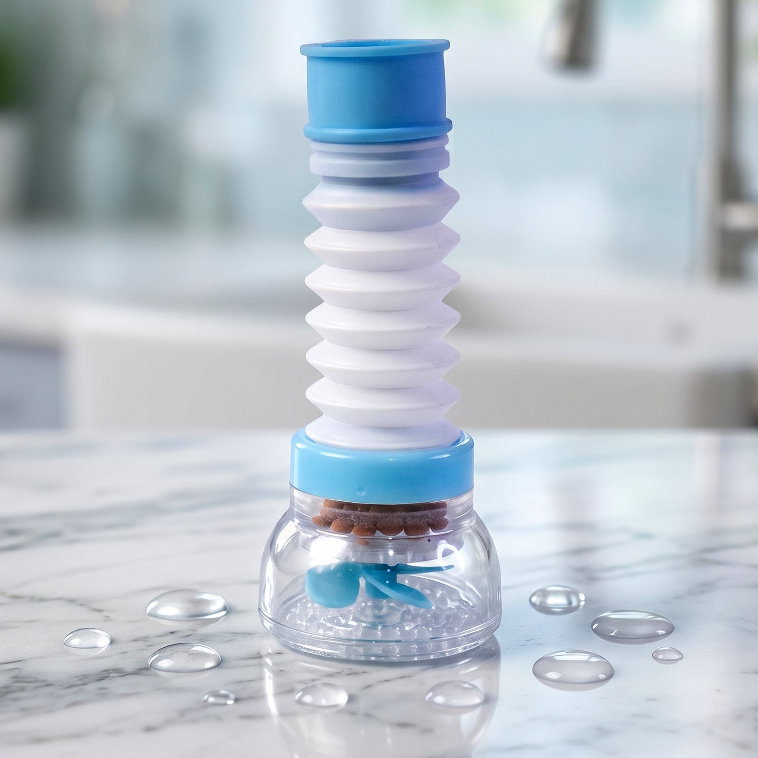 Wukusy plastic faucet water filter aerator attached to kitchen sink tap, splash-free design for improved water flow.