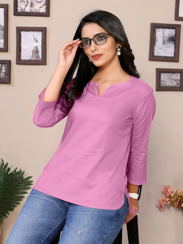 Baby Pink Cotton Round V-Neck Neck Hip Length 3/4 Sleeve Tunic For Women
