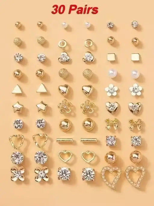 Ekom gold plated multicolor pearl and AD stud earrings, 30 pairs, jewelry and watches collection, displayed in a close-up image.