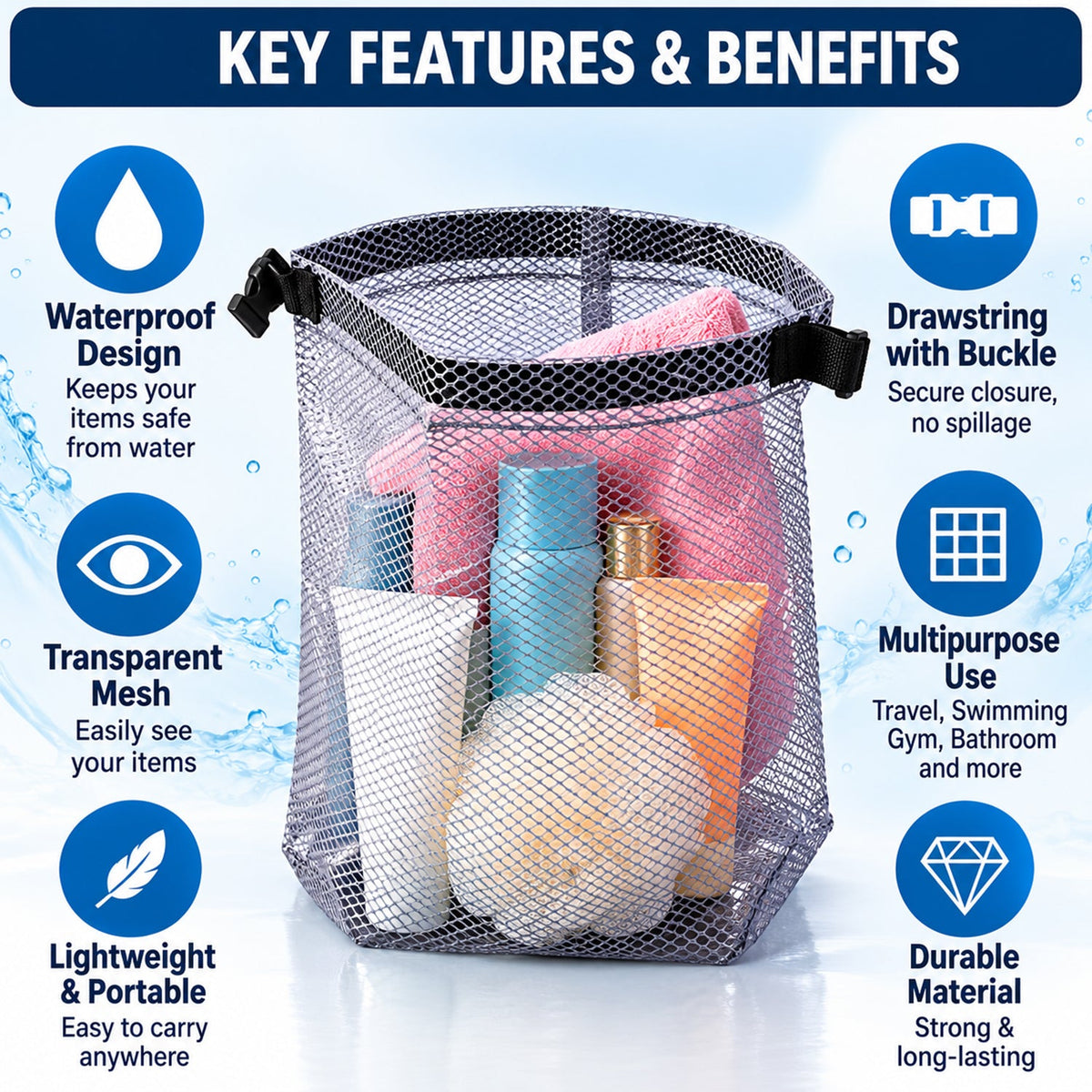 Mesh Travel Organizer Pouch With Buckle For Toiletries (1 Pc 27x23 Cm)