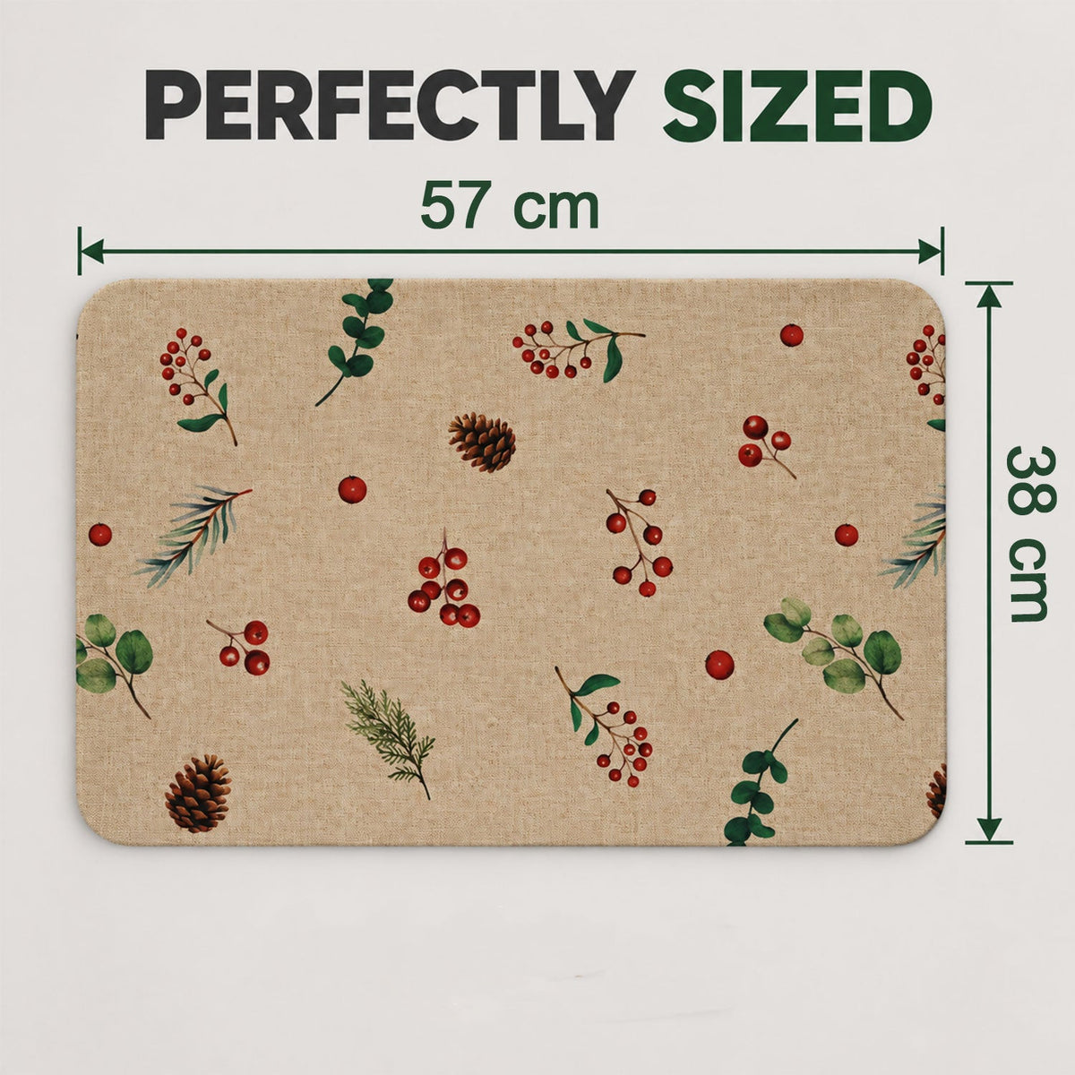 Wukusy botanical berry print bath mat with linen look, anti-slip floor rug, 57x38 cm, showcasing a colorful berry design.