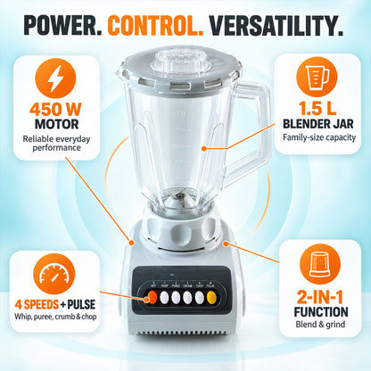 Wukusy 2-in-1 electric mixer grinder and blender for smoothies and kitchen prep, with stainless steel jars and control buttons.
