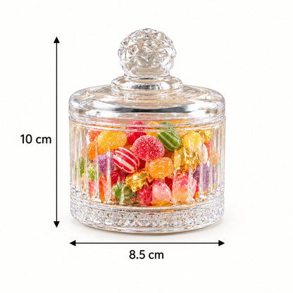 Clear ribbed glass candy bowl with lid for sweets and table display, featuring elegant design by Wukusy
