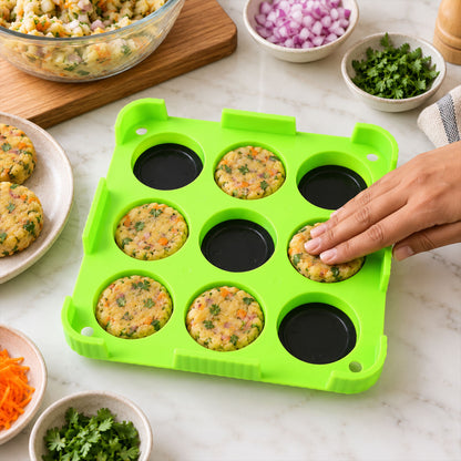 Wukusy 9-cavity cutlet and aloo tikki maker mould with removable base inserts