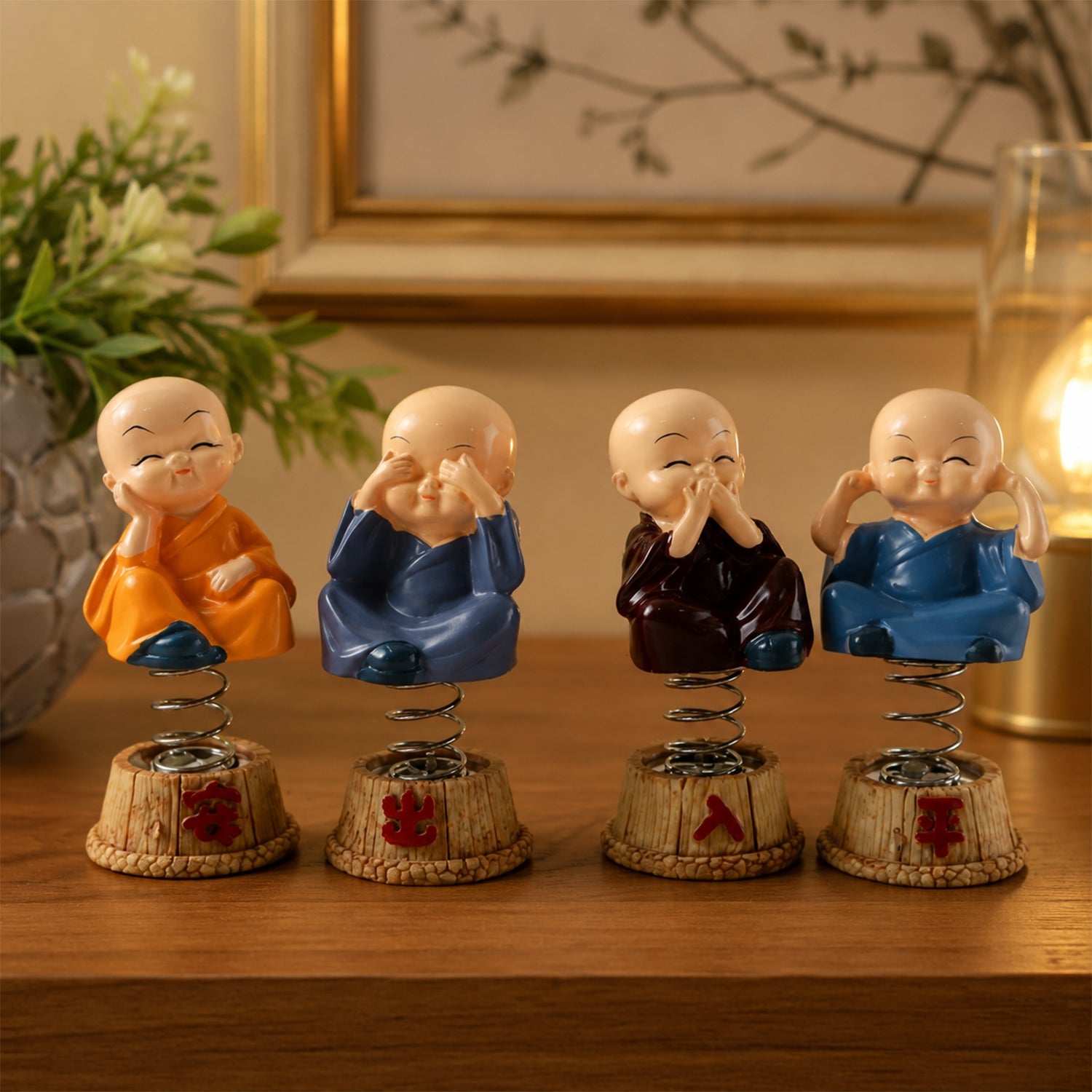 Baby Monk Buddha Bobblehead Figurine Set For Car Dashboard And Home Decor (4 Pc)