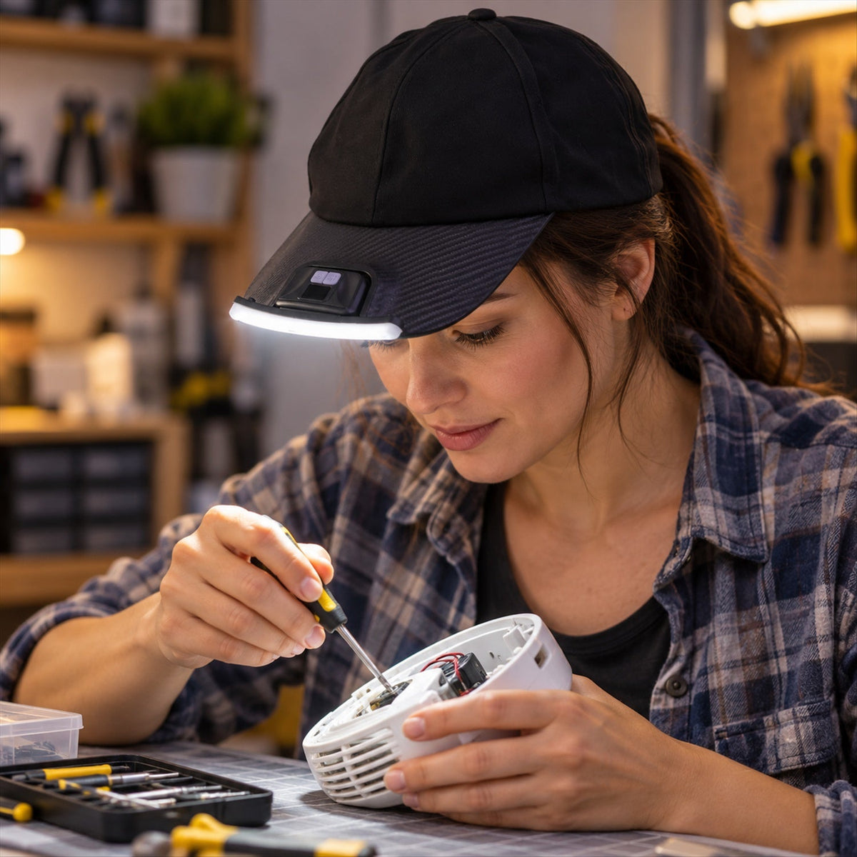 Wukusy rechargeable LED hat light with motion sensor attached to a cap, ideal for camping and outdoor activities.