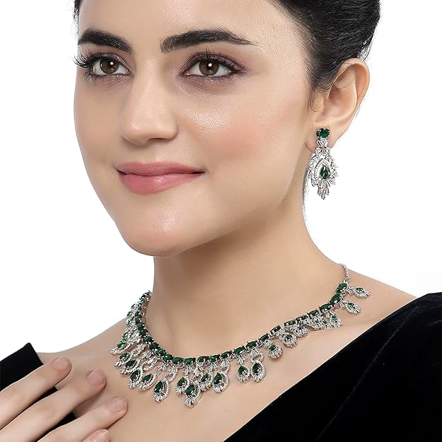 Rhodium-Plated American Diamond Studded Oval & Teardrop Shaped Necklace With Earrings Jewellery Set For Girls and Women