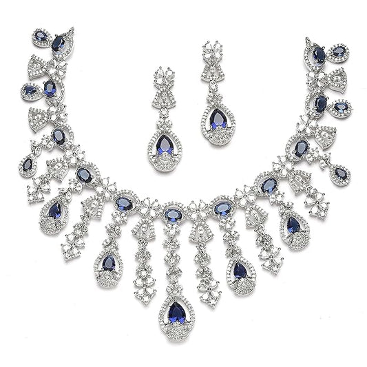 Rhodium-plated American diamond teardrop tasselled necklace and earrings jewelry set for women and girls, elegant and sparkling.