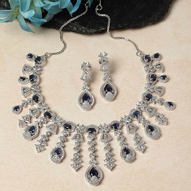 Rhodium-Plated American Diamond Studded Teardrop Tasselled Necklace With Earrings Jewellery Set For Girls and Women