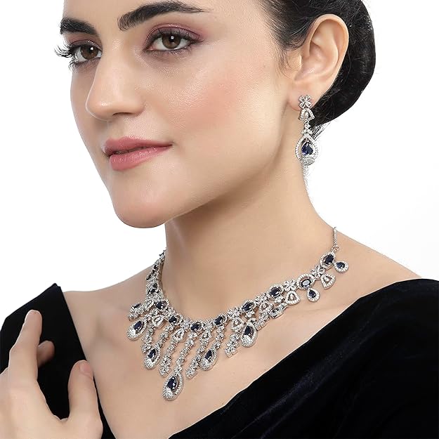Rhodium-Plated American Diamond Studded Teardrop Tasselled Necklace With Earrings Jewellery Set For Girls and Women