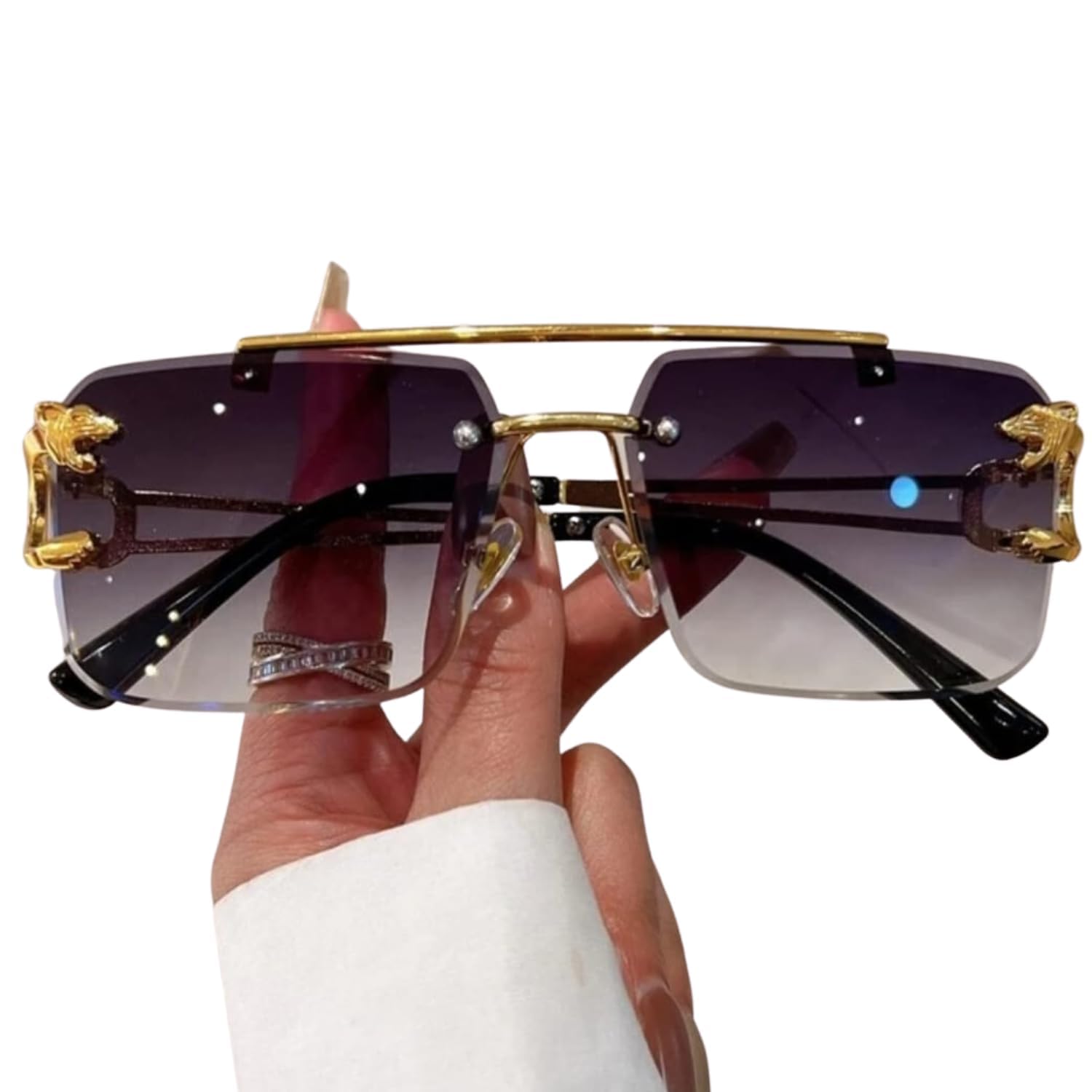 Golden-rimmed sunglasses with black gradient lenses, fashionable eyewear from Drpshippr Men's Collection.