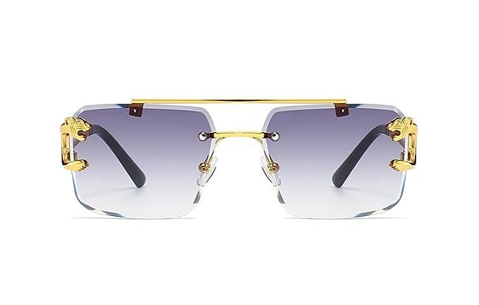 Golden frame rimless sunglasses with black gradient lenses, stylish eyewear for men's fashion.