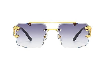 Golden frame rimless sunglasses with black gradient lenses, stylish eyewear for men's fashion.