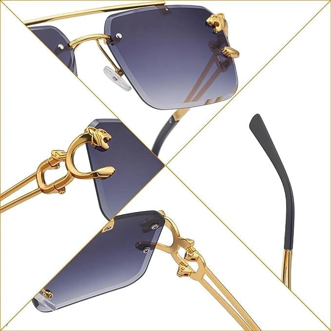 Golden rimless sunglasses with black gradient lenses, stylish eyewear from men's fashion collection.