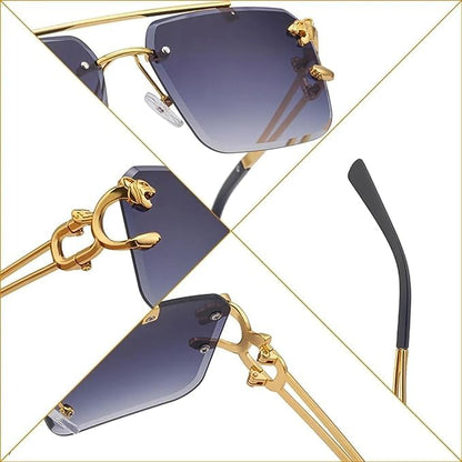 Golden rimless sunglasses with black gradient lenses, stylish eyewear from men's fashion collection.