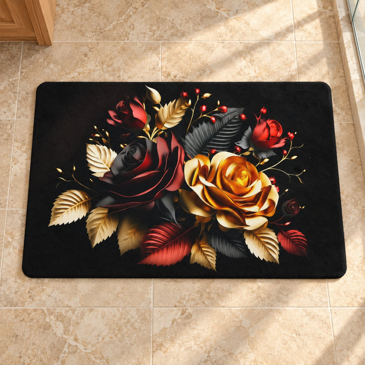 Decorative floral rose print bathroom floor mat by Wukusy, indoor use, 58x38 cm, featuring colorful rose design on soft fabric.