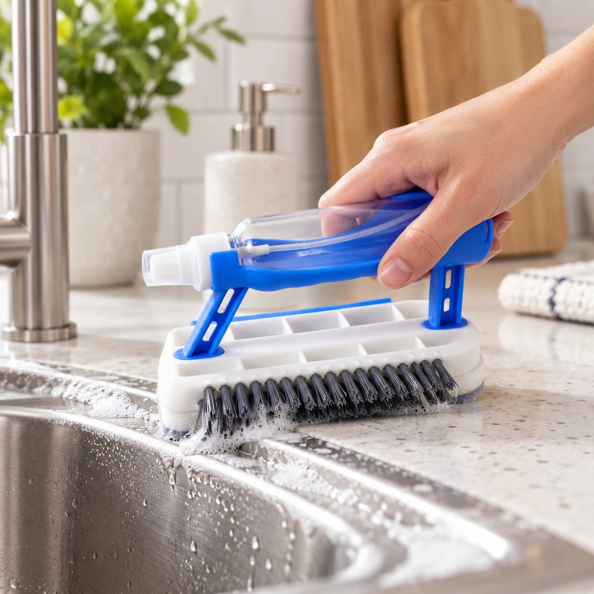 Wukusy 5-in-1 multipurpose cleaning brush with spray squeegee and wiping pad for versatile cleaning tasks.