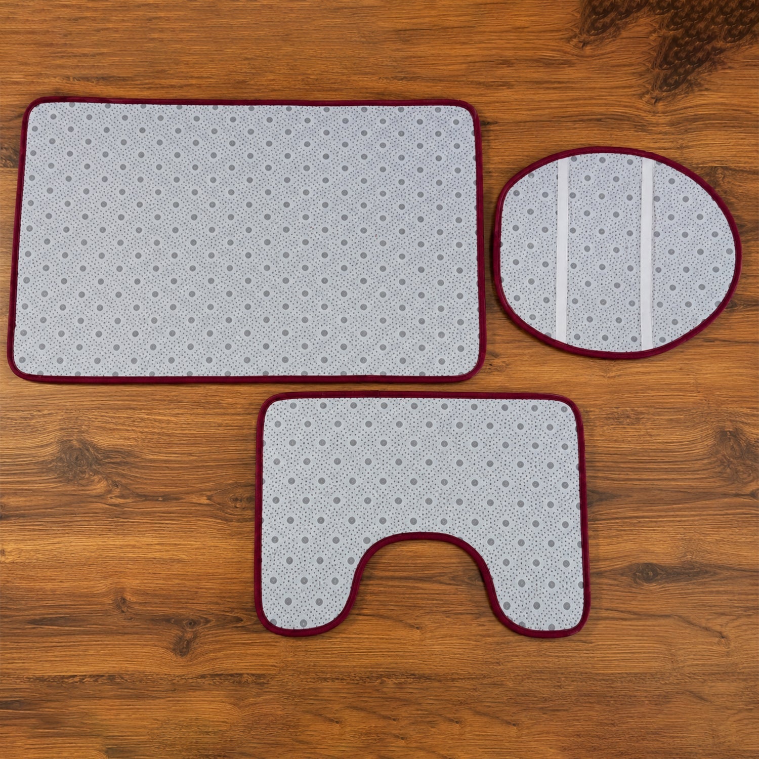 Wukusy 3-in-1 anti-slip bathroom mat set including contour mat and lid cover in mixed colors, displayed on a bathroom floor.