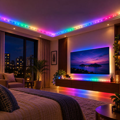 Wukusy RGB decorative LED running rope light with inline controller, used for home room decor and ambient lighting.