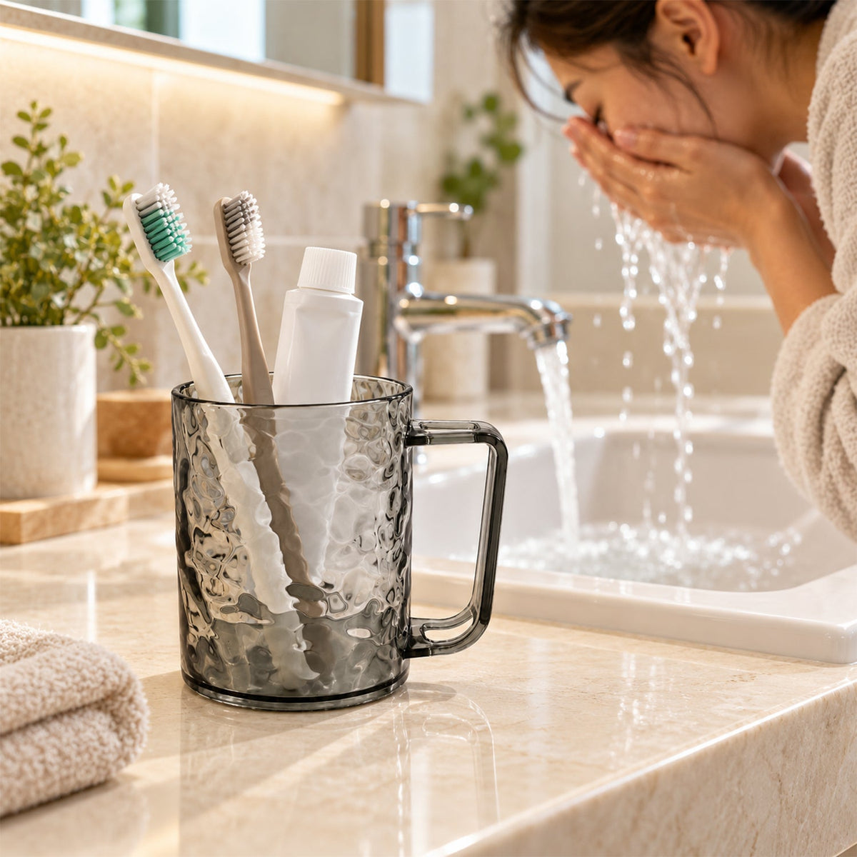 Textured Plastic Drinking Mug With Handle For Bathroom And Home Use (1 Pc)