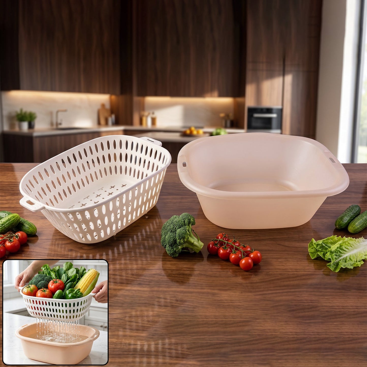 2 In 1 Plastic Double Drain Basket Strainer Washing Bowl Colander (2 Pc Set)