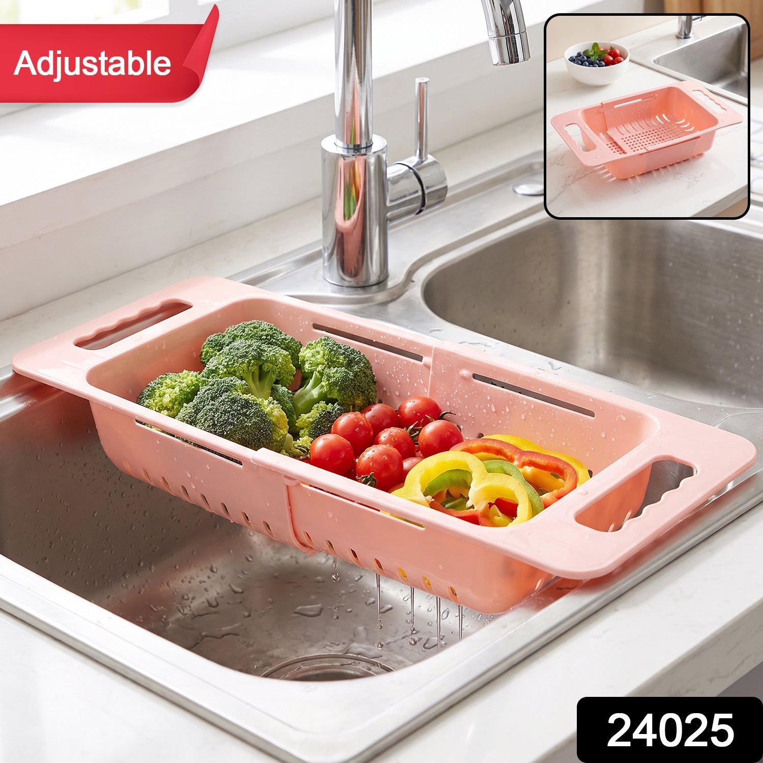 Wukusy adjustable plastic sink drain basket colander with handles, used for rinsing and draining fruits or vegetables.