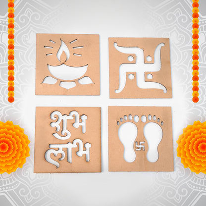 Set of four wooden decorative cutouts with mixed designs for home decor, by Wukusy. Handcrafted wooden wall accents.