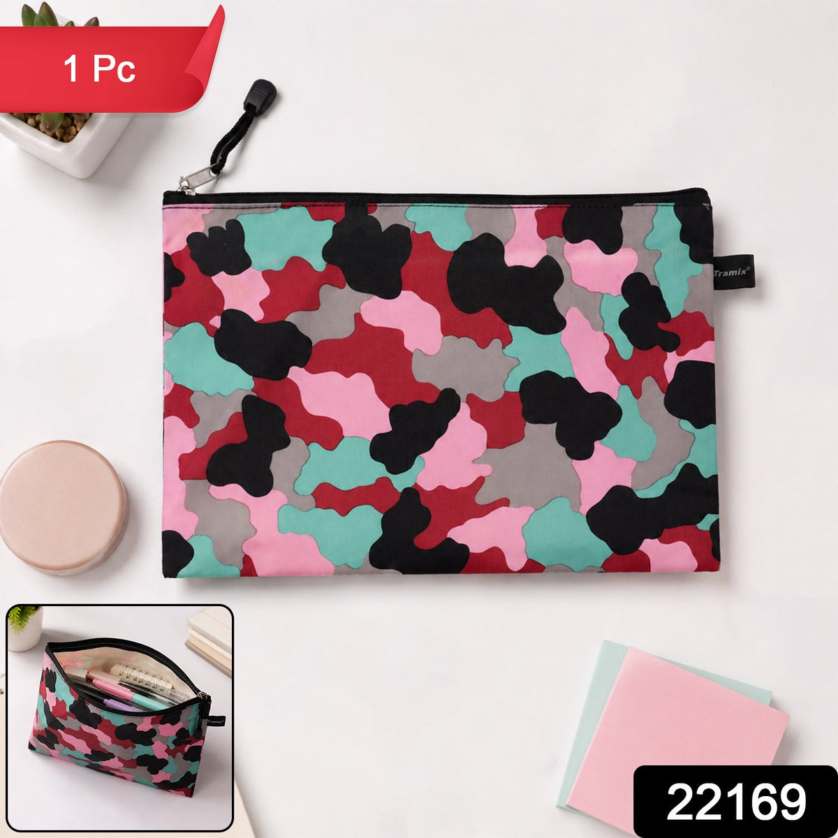 Wukusy printed zipper storage pouch with multiple compartments for makeup, stationery, and travel organization on a white background.