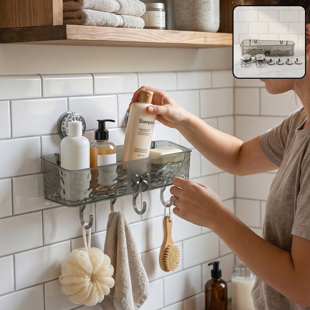 Wall Mounted Bathroom Storage Shelf With Suction Cups And Hanging Hooks (1 Set)