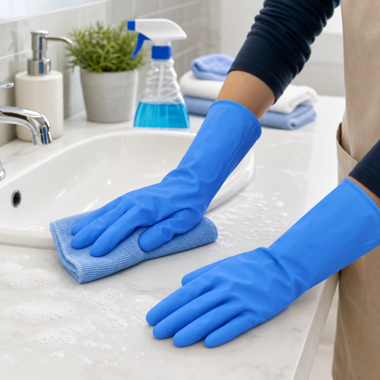 Pair of Wukusy Medium Victor Blue cleaning rubber gloves for kitchen dishwashing, reusable and durable.
