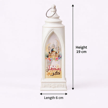 Wukusy Ramadan flameless LED candle lantern set with three hanging and table decor lanterns, featuring warm glowing lights.