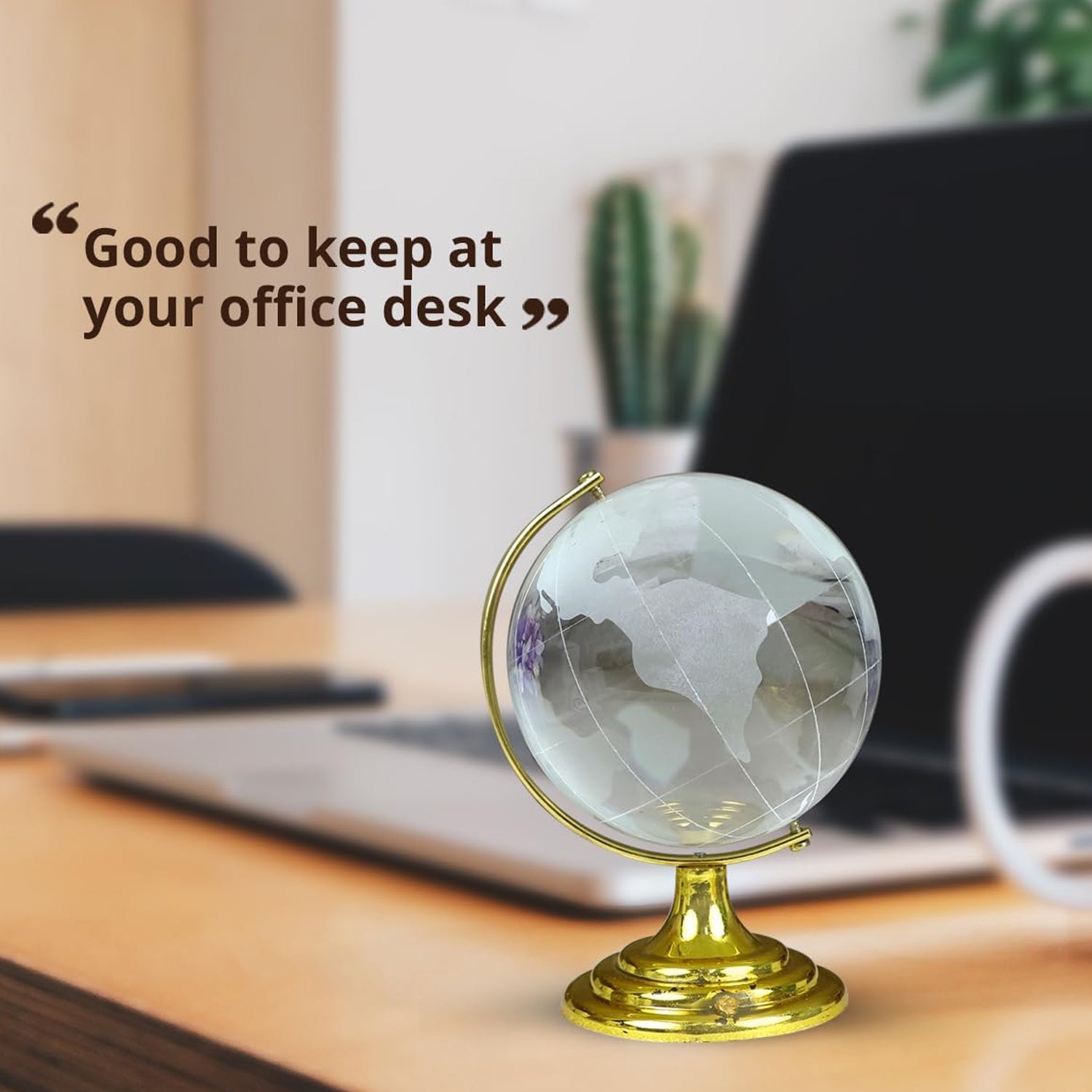 Wukusy crystal globe with world map, 50mm size on a golden stand, ideal for office decor and educational display.