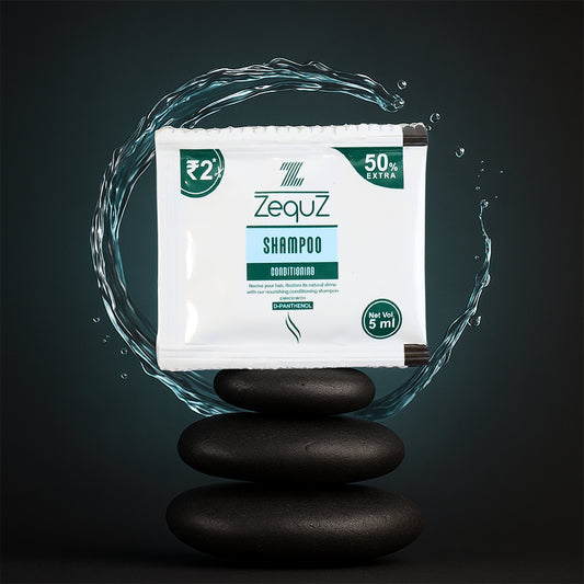 Wukusy Zequz Nourishing Conditioning Shampoo sachet, 5ml, single-use, natural hair care product, close-up of the sachet.