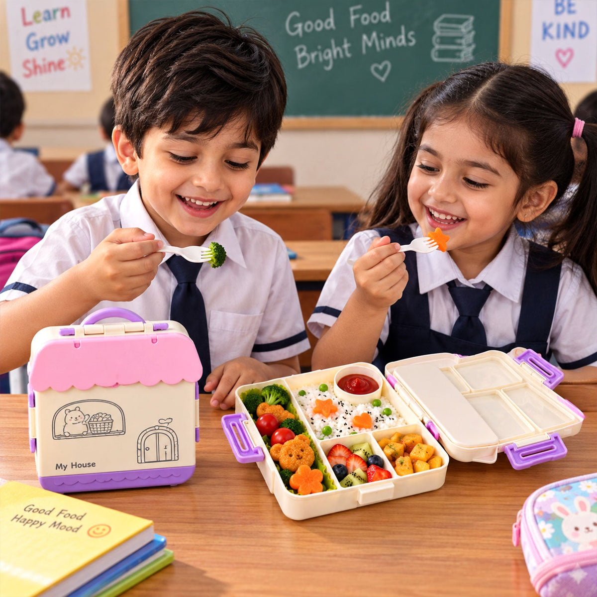 Wukusy house-shaped plastic kids lunch box with handle, spoon, and fork, measuring 17x17x6.5 cm, colorful and child-friendly.
