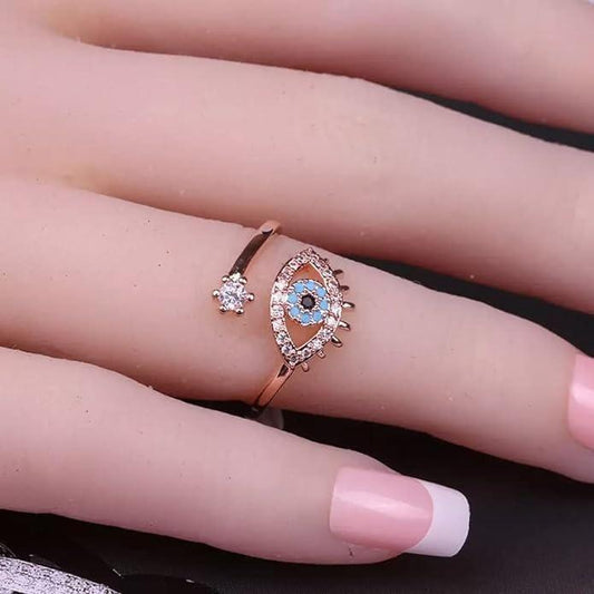 Salty Cute Evil Eye adjustable ring in rose gold by Drpshippr, featuring a charming evil eye design on a delicate band.