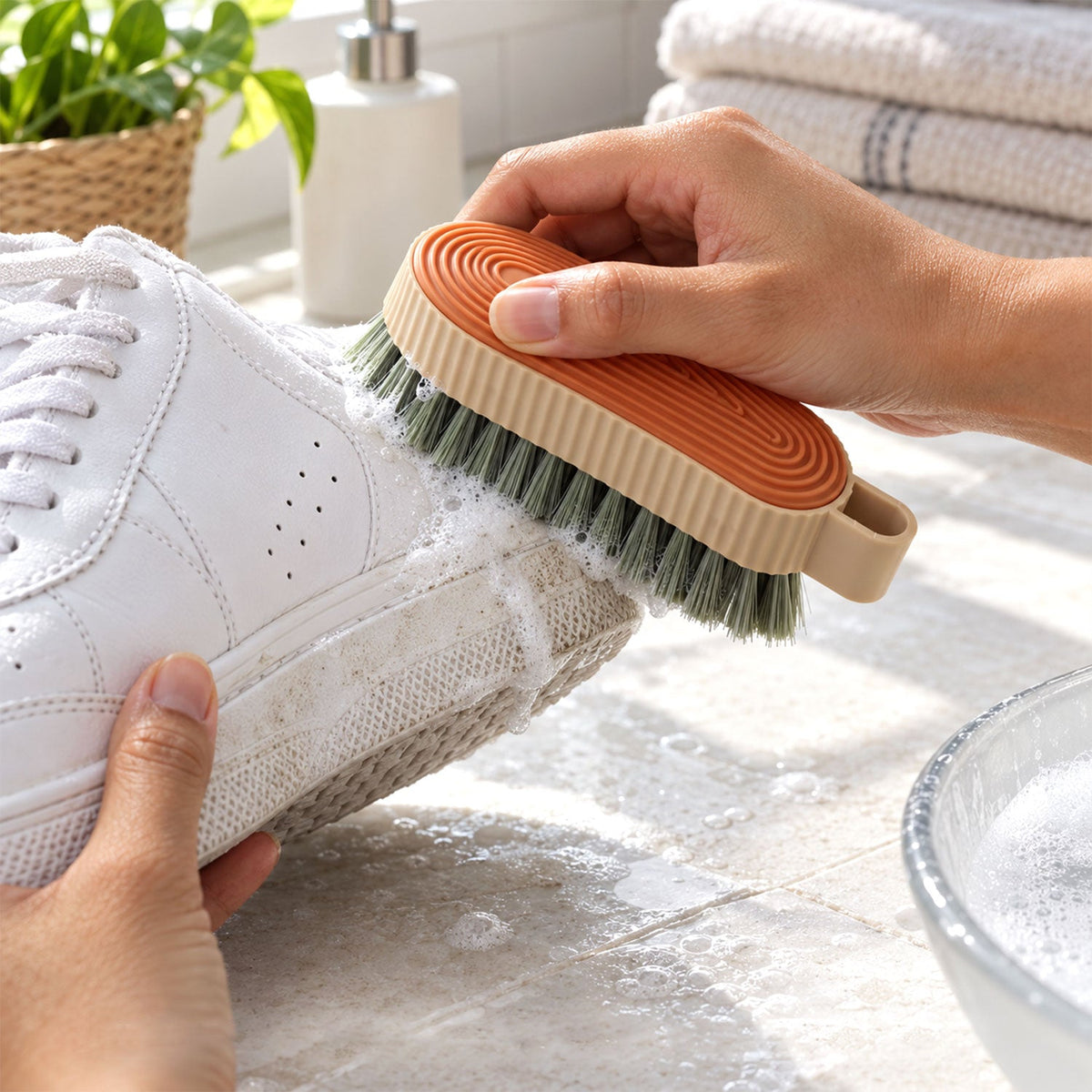 Wukusy multipurpose cleaning brush with textured grip, suitable for shoes, tiles, and various surfaces, shown in the image.