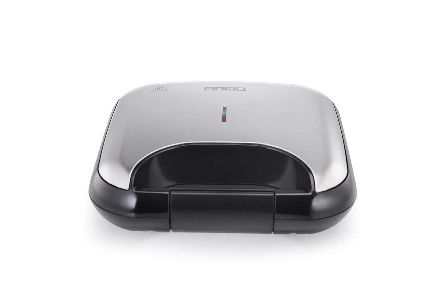 Seasons USHA 3772 stainless steel and black sandwich maker with non-stick plates for easy toasting and sandwiches.