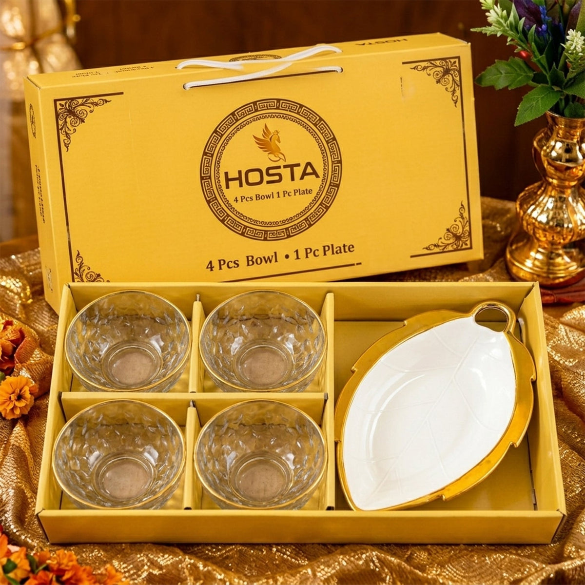 Glass Bowl  Leaf Platter Gift Set For Dry Fruits  Snack Serving (5 In 1)